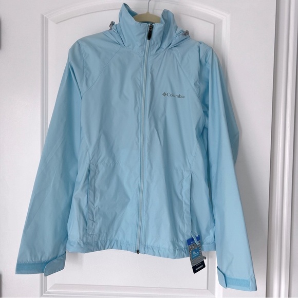 NWT! Columbia Light Blue Hooded Waterproof Jacket Zip Pockets Packable Travel XS - Picture 1 of 7